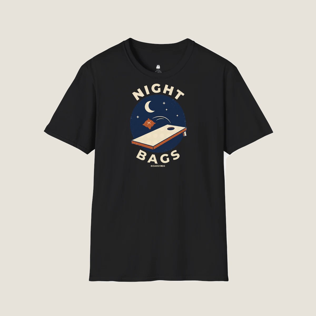 Night Bags cornhole team design artwork on a Black T-shirt