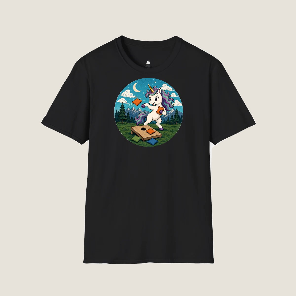 Unicorn Cornhole cornhole team design artwork on a Black T-shirt
