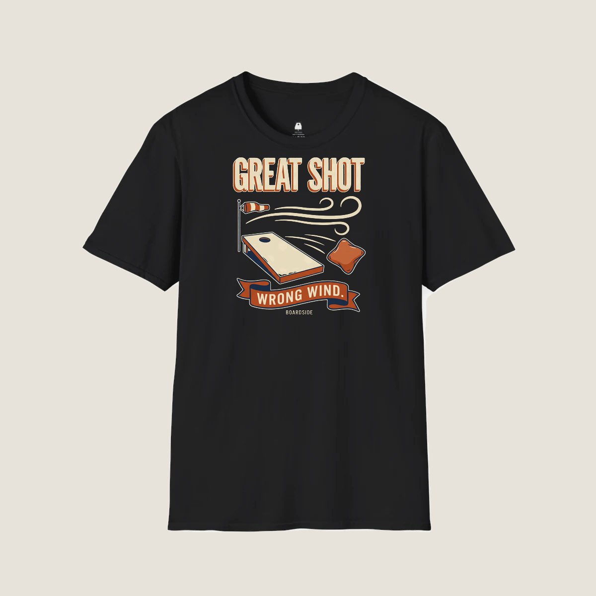 Great Shot, Wrong Wind design printed on a Black custom cornhole t-shirt