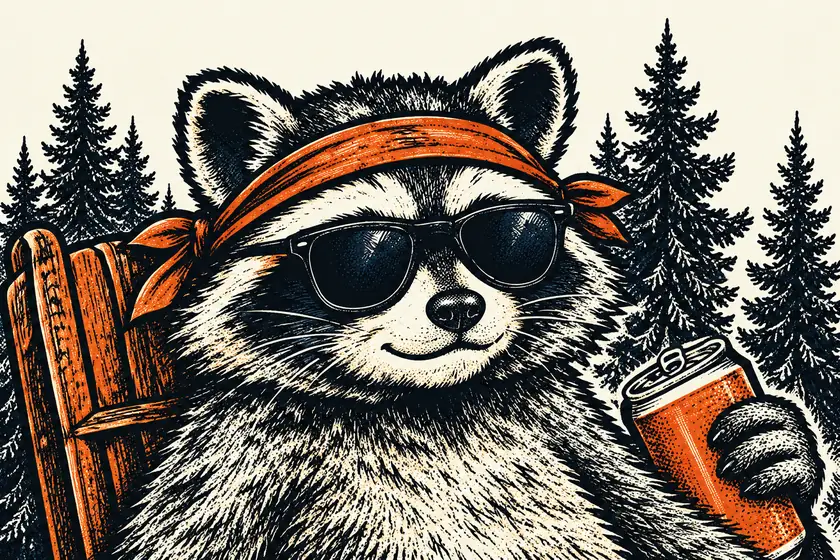 Illustrated raccoon in a bandana and sunglasses, seated in a wooden chair with pine trees behind.