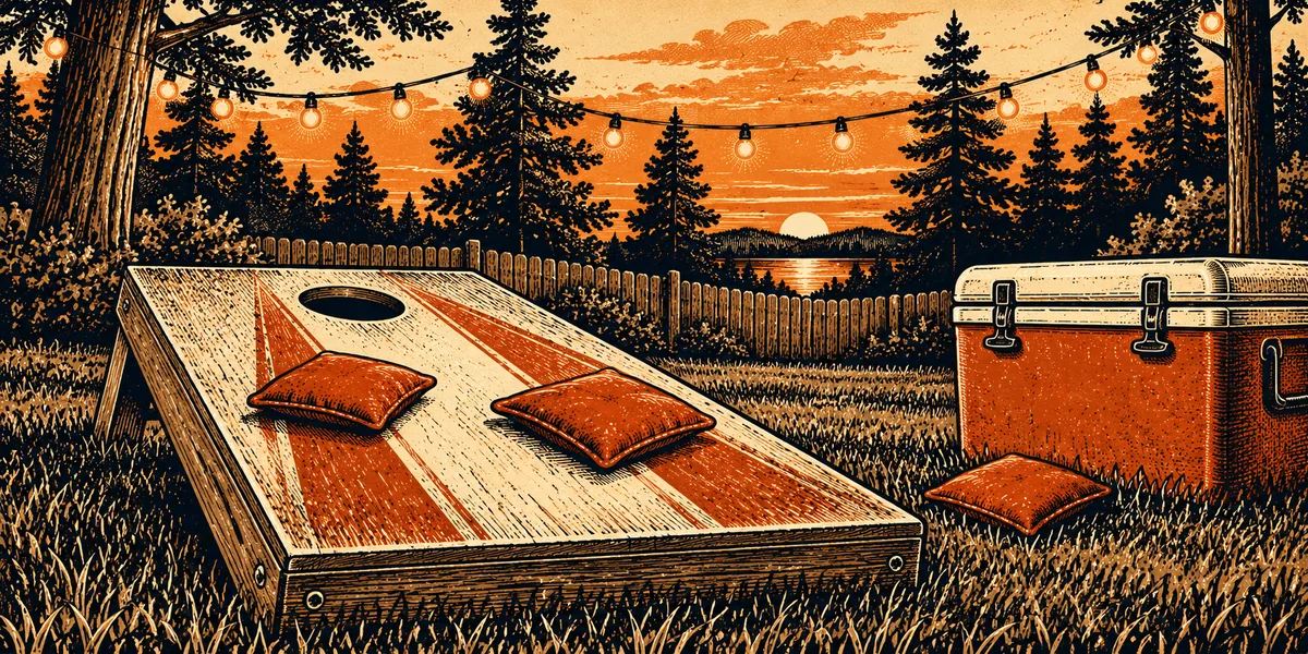 Illustration of a wooden cornhole board with rust stripes and two bags on it, a red cooler beside it, at sunset in a backyard with string lights.