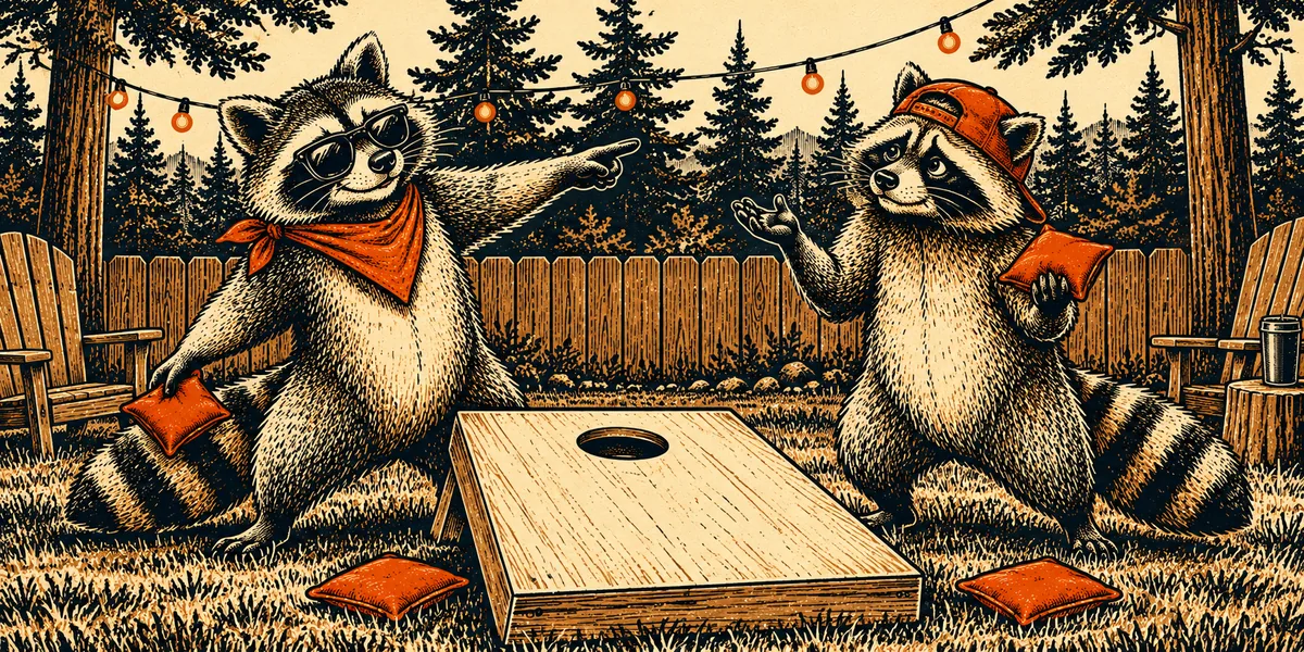 Illustration of two raccoons on either side of a cornhole board in a fenced backyard, one in sunglasses pointing, the other shrugging with a bag in hand.