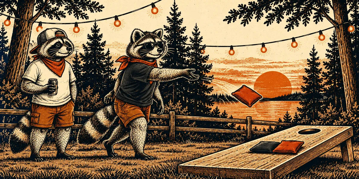 Illustration of two raccoons in bandanas playing cornhole at sunset under string lights, one mid-throw toward a wooden board, with pines and a lake behind them.