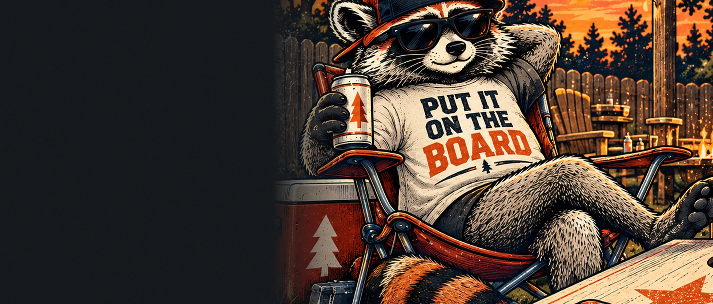 Illustrated raccoon in a lawn chair beside a cornhole board, wearing a shirt that reads Put it on the board.