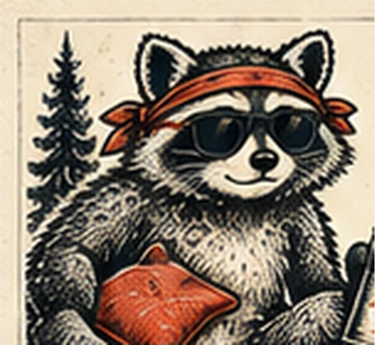 Raccoon in a bandana and sunglasses, holding a cornhole bag.